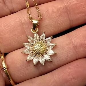 Golden Moissanite Sunflower Pendant Necklace on Stainless Steel Chain